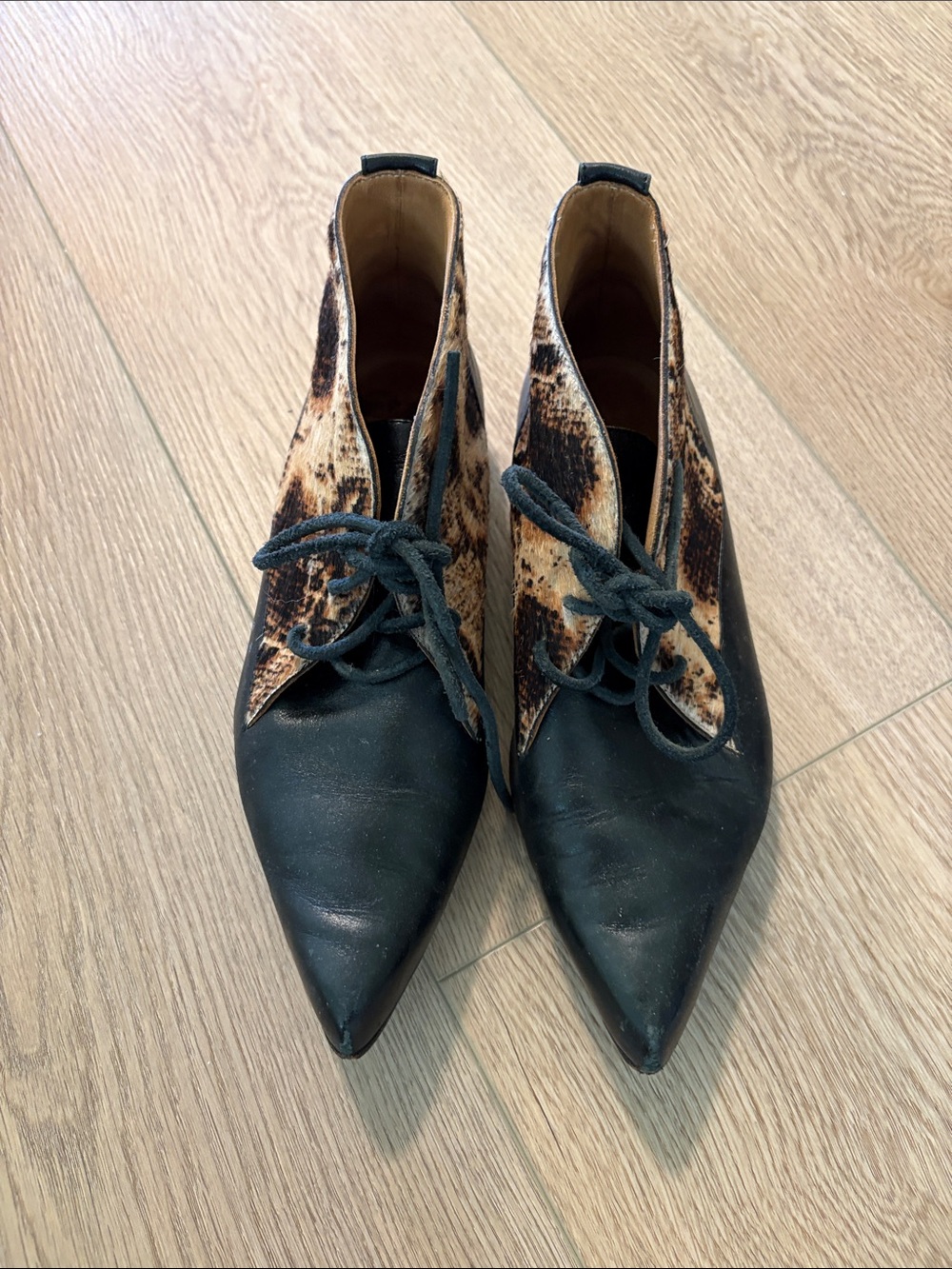 John Fluevog Black and Brown Lace-Up Pointed Boots